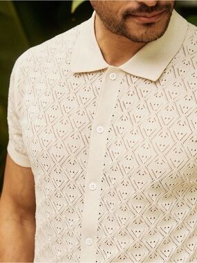 SOLD****Tie Bar Full Placket Pointelle Ivory Polo